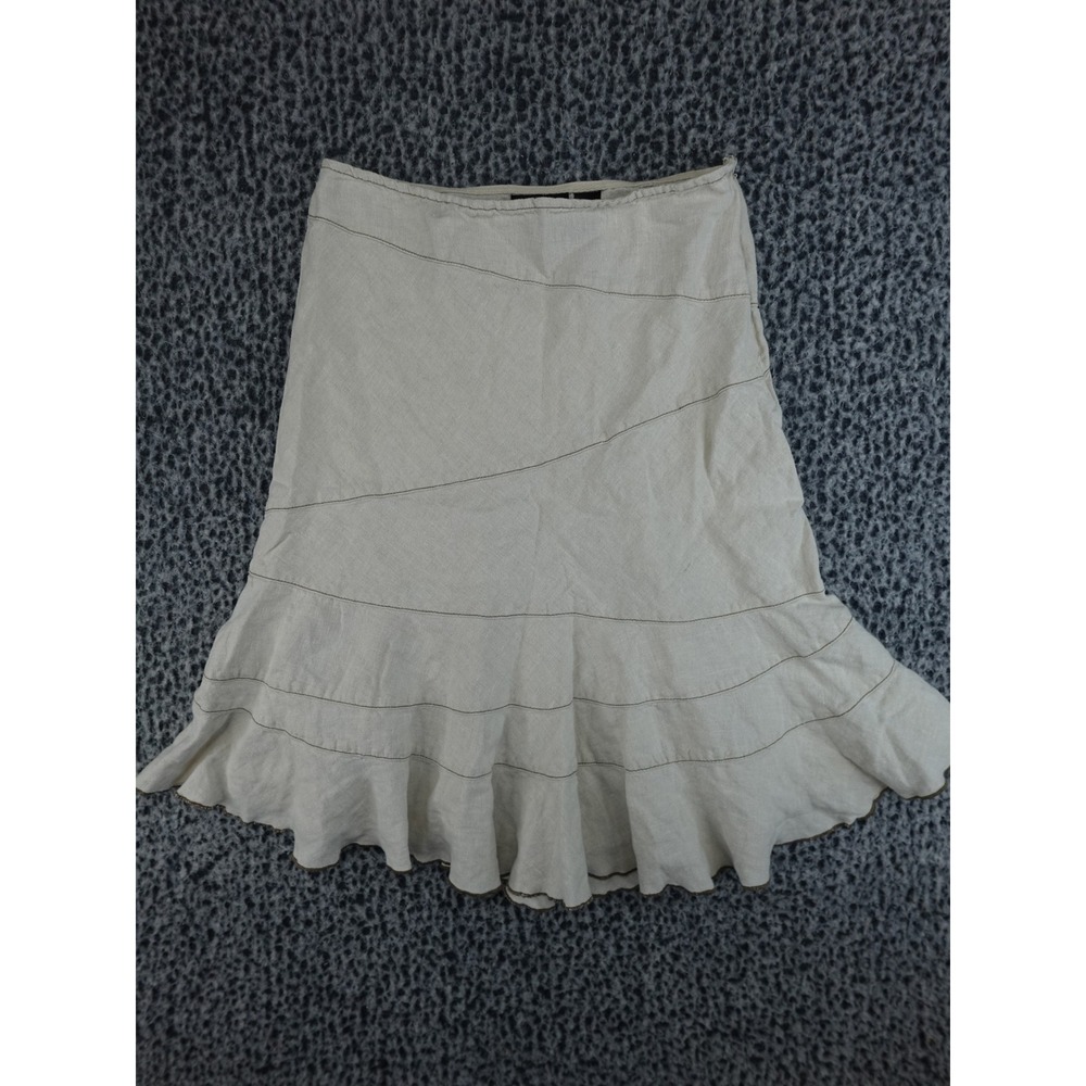 DKNY Jeans Linen Ruffle Midi Skirt Womens 8 Beige Excellent Tiered Flared Boho